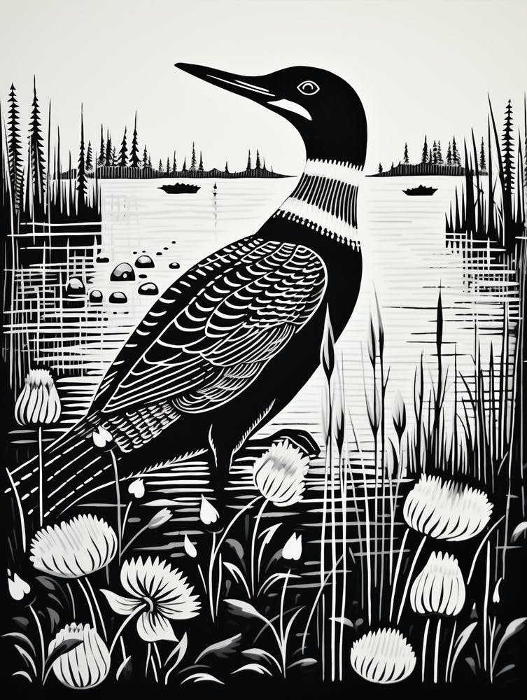B&W Bird Linocut Common Loon 3