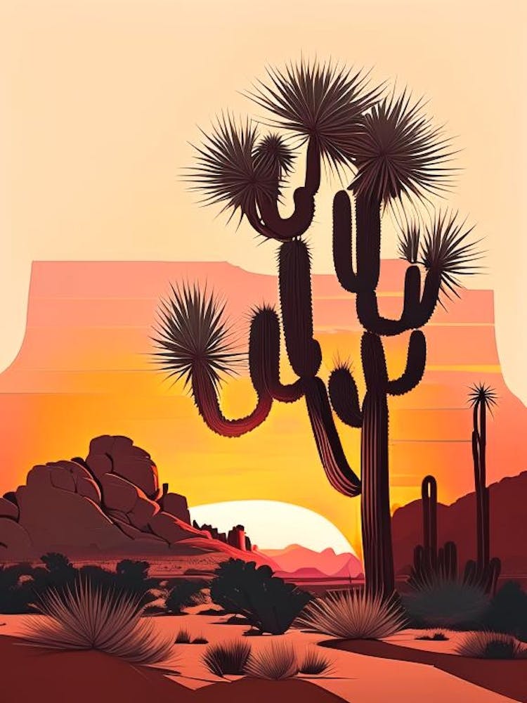 Joshua Tree At Dawn In Desert Retro Illustration (2)