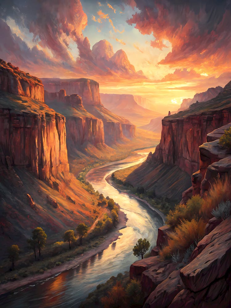 River Winding Through Deep Canyon Landscape Oil Painting
