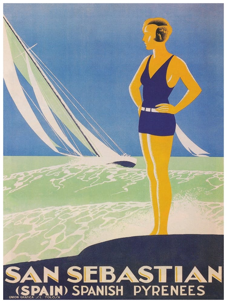 San Sebastian, Spain Vintage Travel Poster, Woman in Swimwear