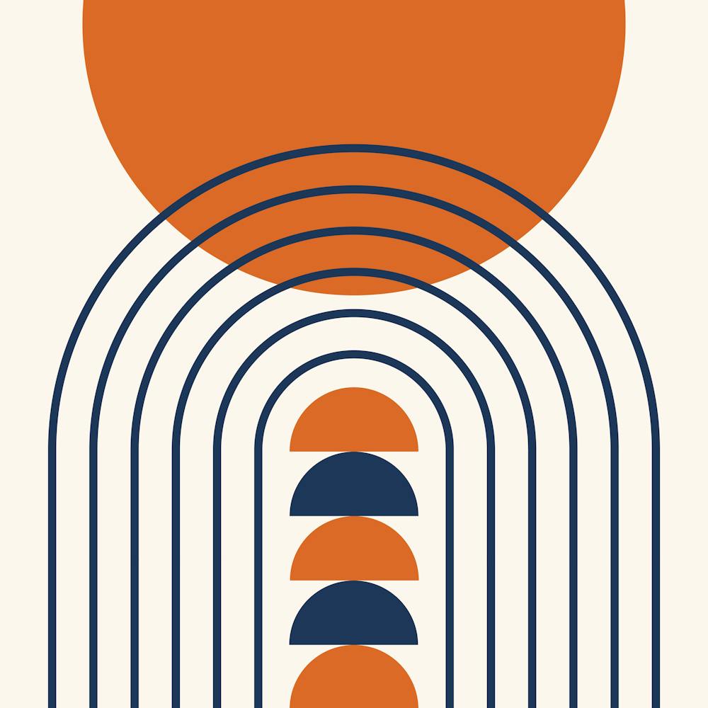 Modern Mid Century Gateway Sun Moon Rainbow 14 Abstract in Navy Blue Burnt Orange 2