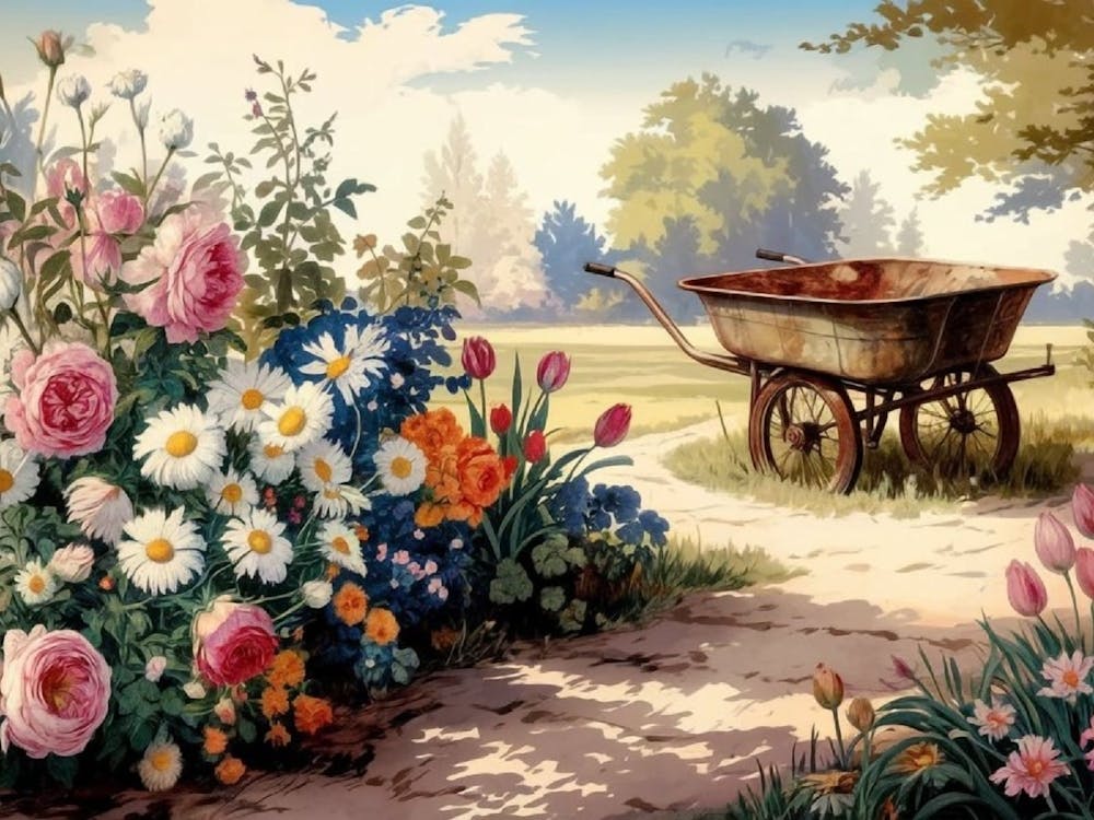 Sunny Cottage Garden Path: Wheelbarrow with Roses, Daisies & Tulips Painting