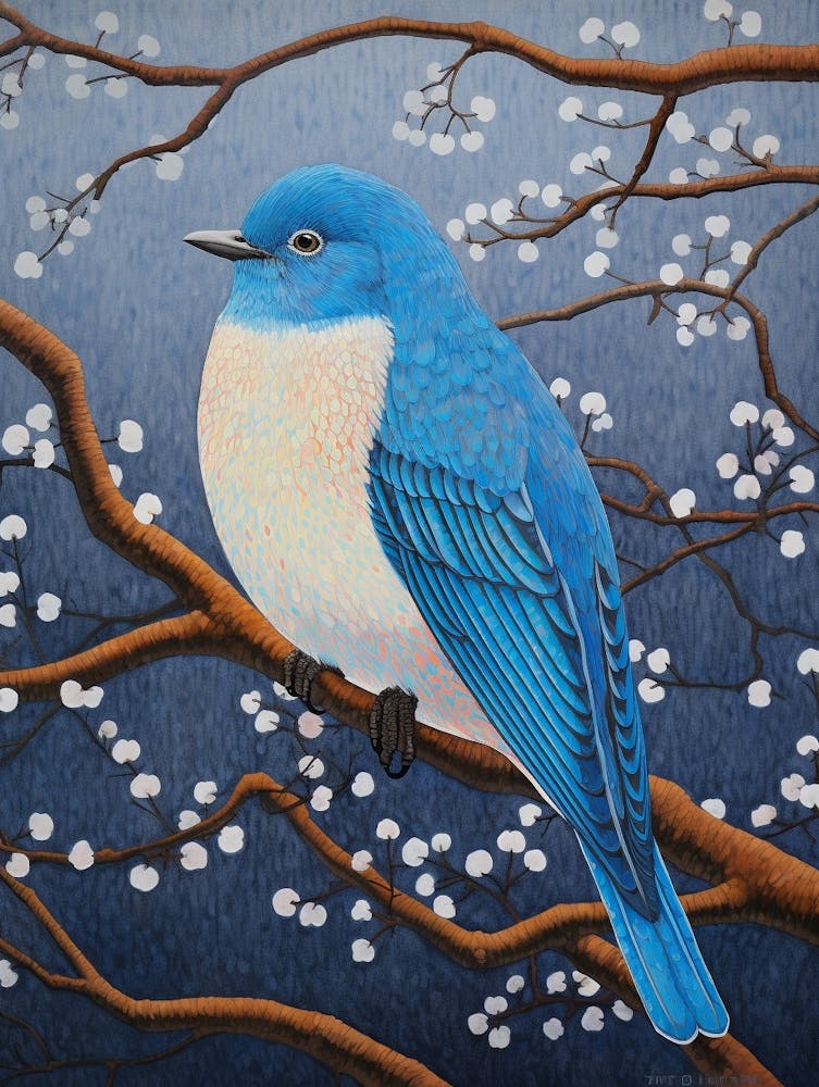 Ohara Koson Inspired Bird Painting Eastern Bluebird 2