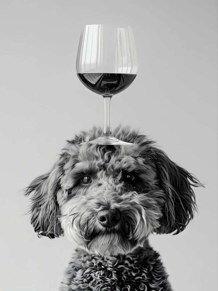 Schnoodle Balancing Wine On Head Wall Art, Black And White Print, Wine Glass Art, Alcohol Print, Funny Dog Poster, Kitchen Wall Decor