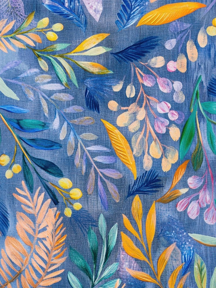Watercolor Leaves On Blue Fabric