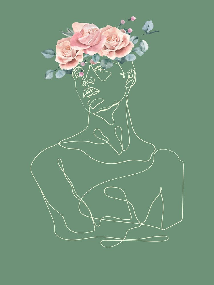 One-Line Woman With Flowers Head