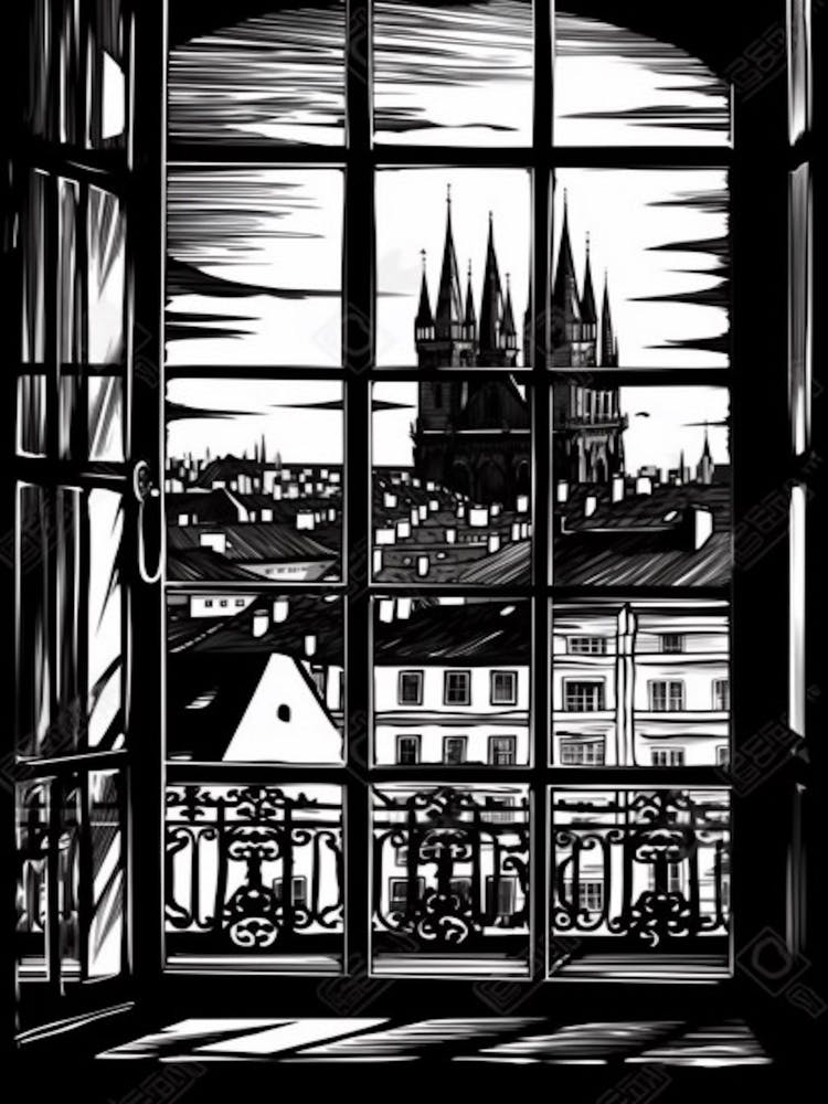A Window View Of Prague In The Style Of Black And White  Line Art 4