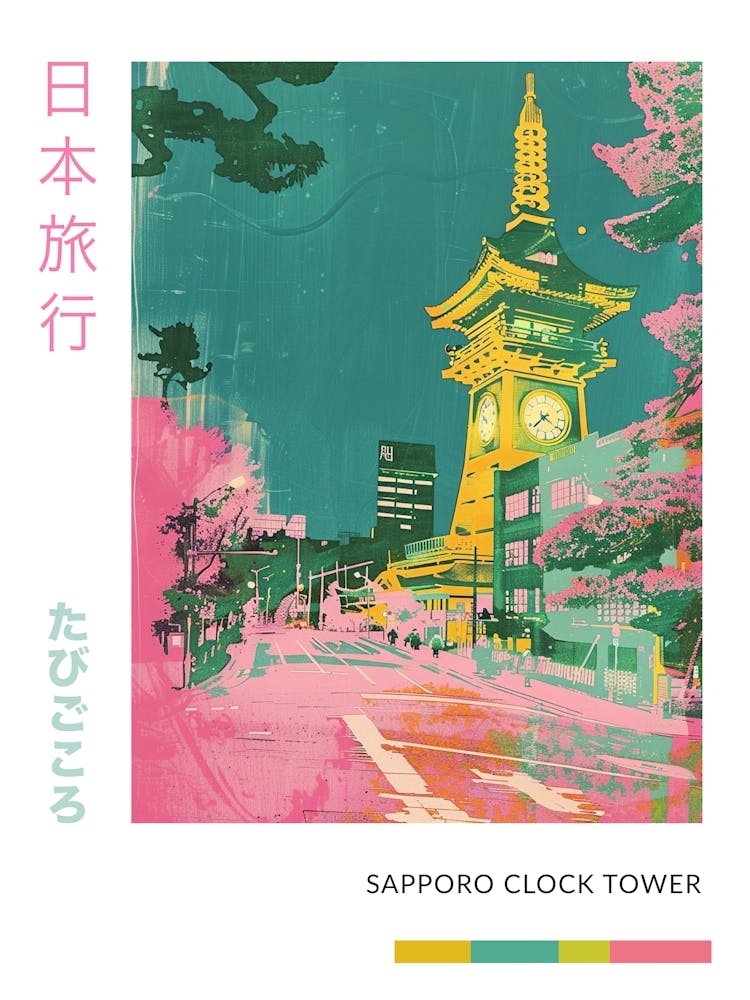 Sapporo Clock Tower Japan Retro Duotone Silkscreen Poster 2