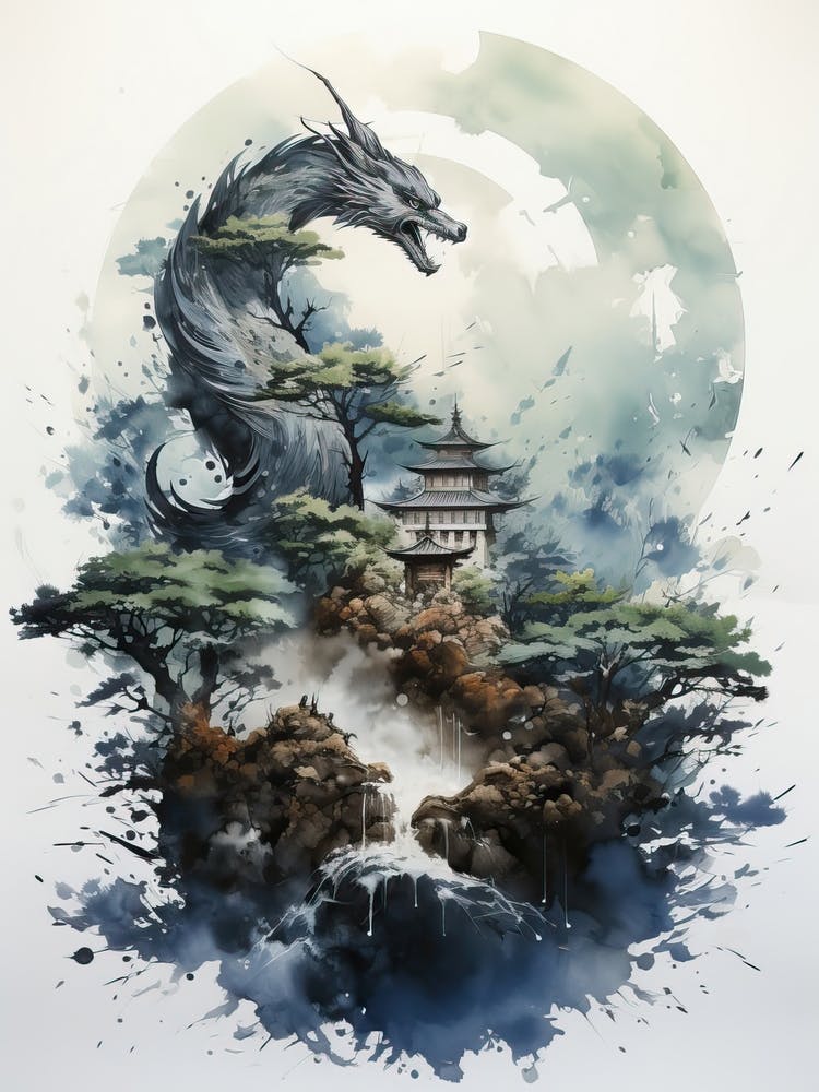 Dragon, Japanese Brush Painting, Ukiyo E, Minimal 2