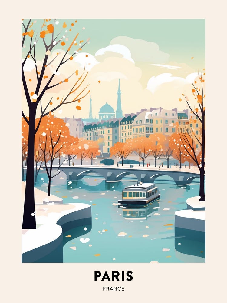 Vintage Winter Travel Poster Paris France