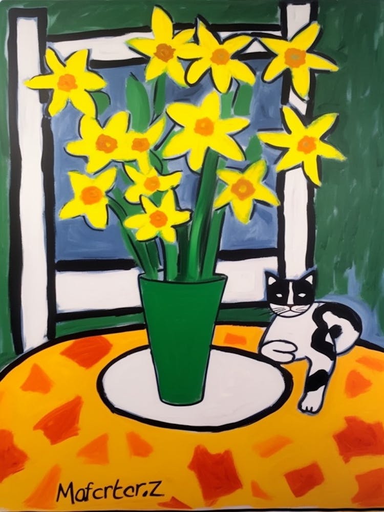 Painting Of A Still Life Of A Daffodils With A Cat In The Style Of Matisse 4