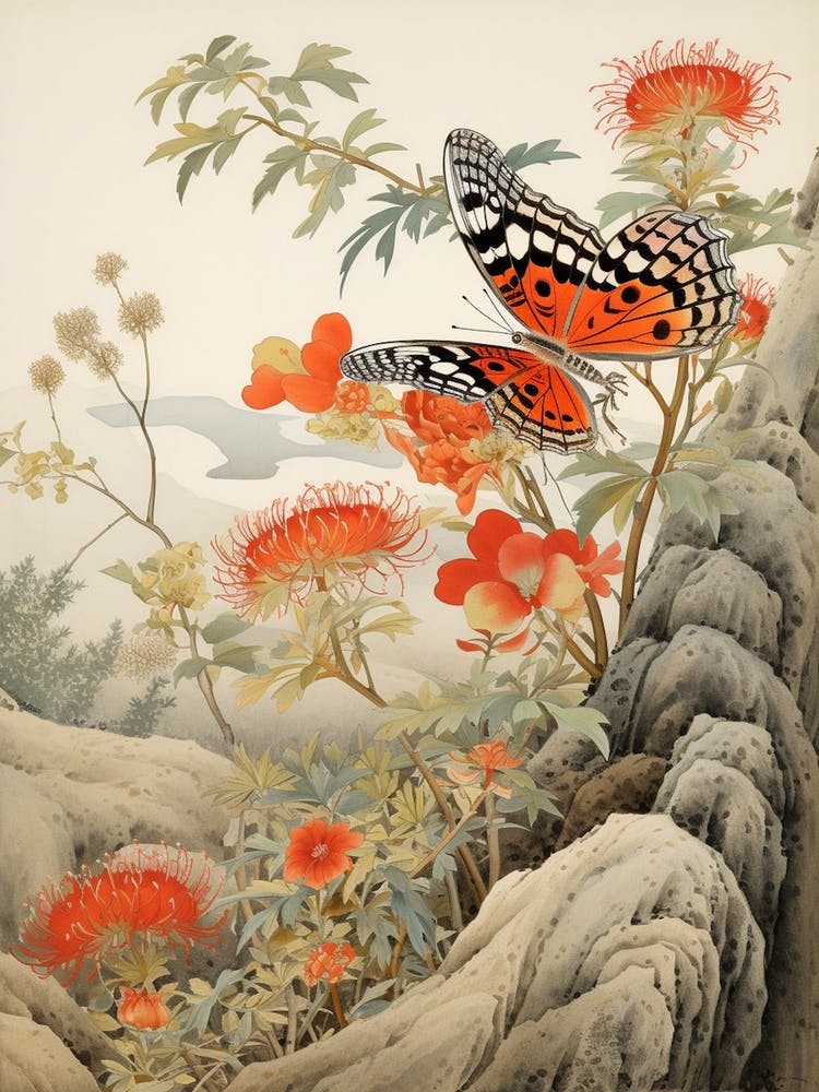 Butterfly With Flowers Japanese Style Painting 2