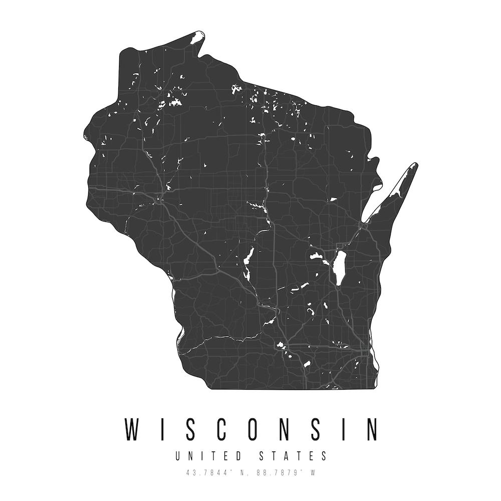 Wisconsin Mono Black And White Modern Minimal Street Map Square