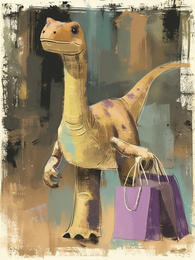 Dinosaur With Shopping Bags Pastel Brushstroke 2