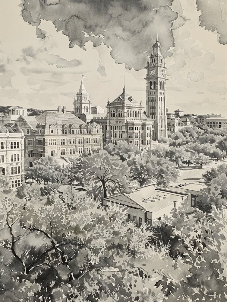 The University Of Texas At Austin Austin Texas Black And White Watercolour 3