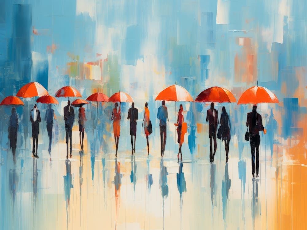 Diktorrr An Oil Painting Of People Walking Under A Red Umbrella 2de20658 A34c 493f A6fc 3a5f1d0ed184 Topaz Enhance