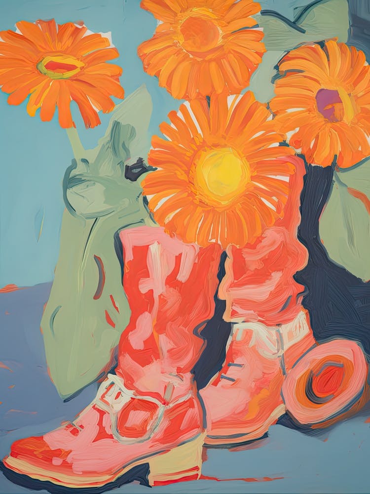 Painting Of Orange Flowers And Cowboy Boots, Oil Style 2