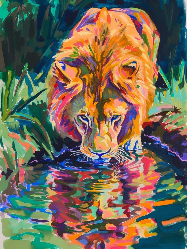 Southwest African Lion Drinking From A Watering Hole Fauvist Painting 1