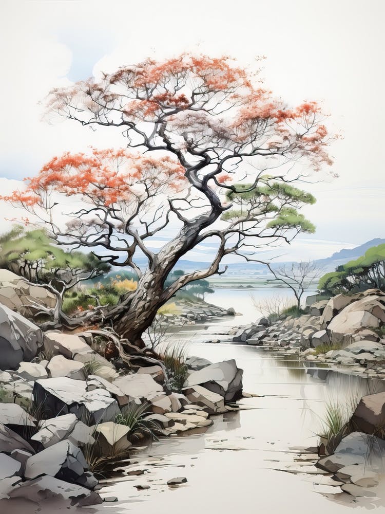 Amanohashidate In Kyoto, Japanese Brush Painting, Ukiyo E, Minimal 1