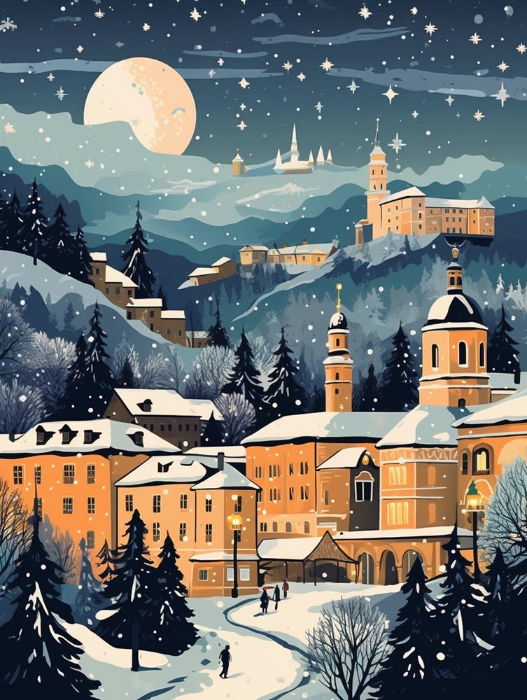 Winter Travel Night Illustration Salzburg Austria 4
