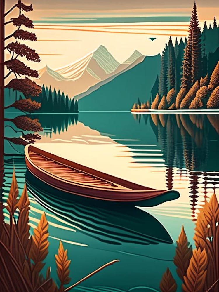 Canoe On Lake Water Waterscape Retro Illustration 1