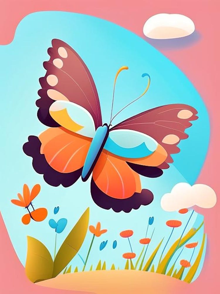 Butterfly Flying In Sky Scandi Cartoon 1