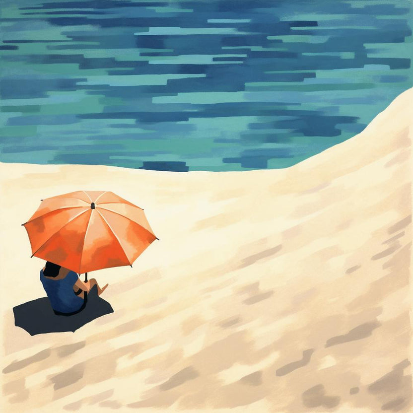Woman Sitting On Beach With Umbrella