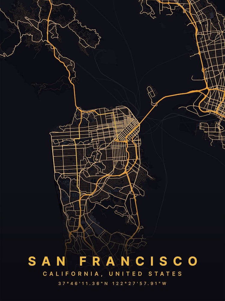 San Francisco California Black And Gold Map