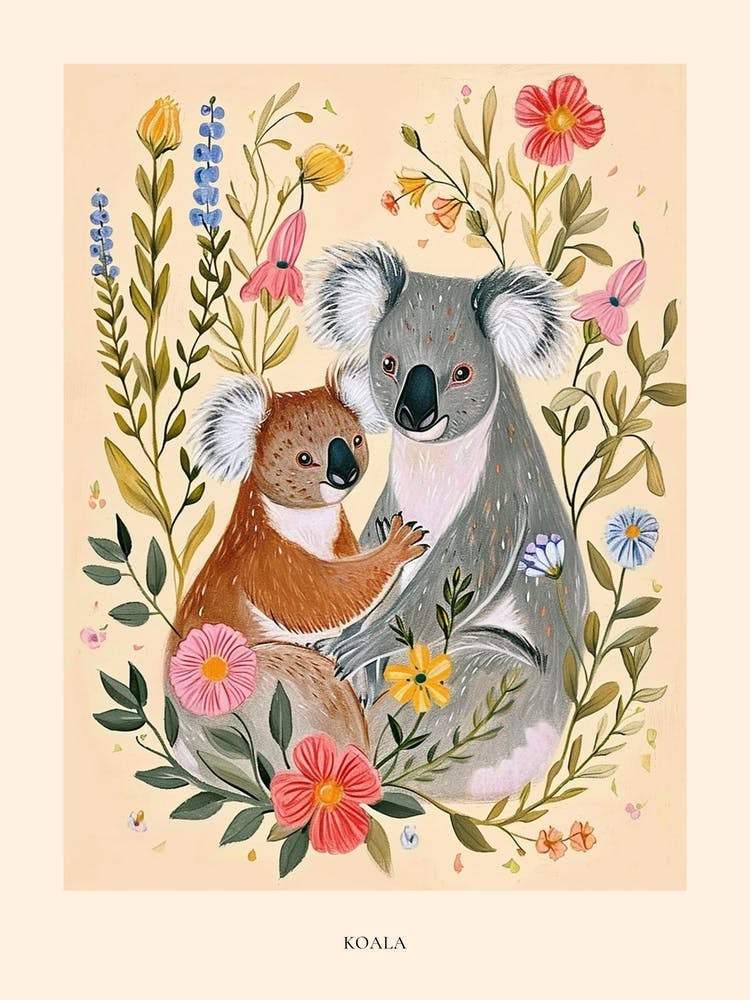 Folksy Floral Animal Drawing Koala 3 Poster