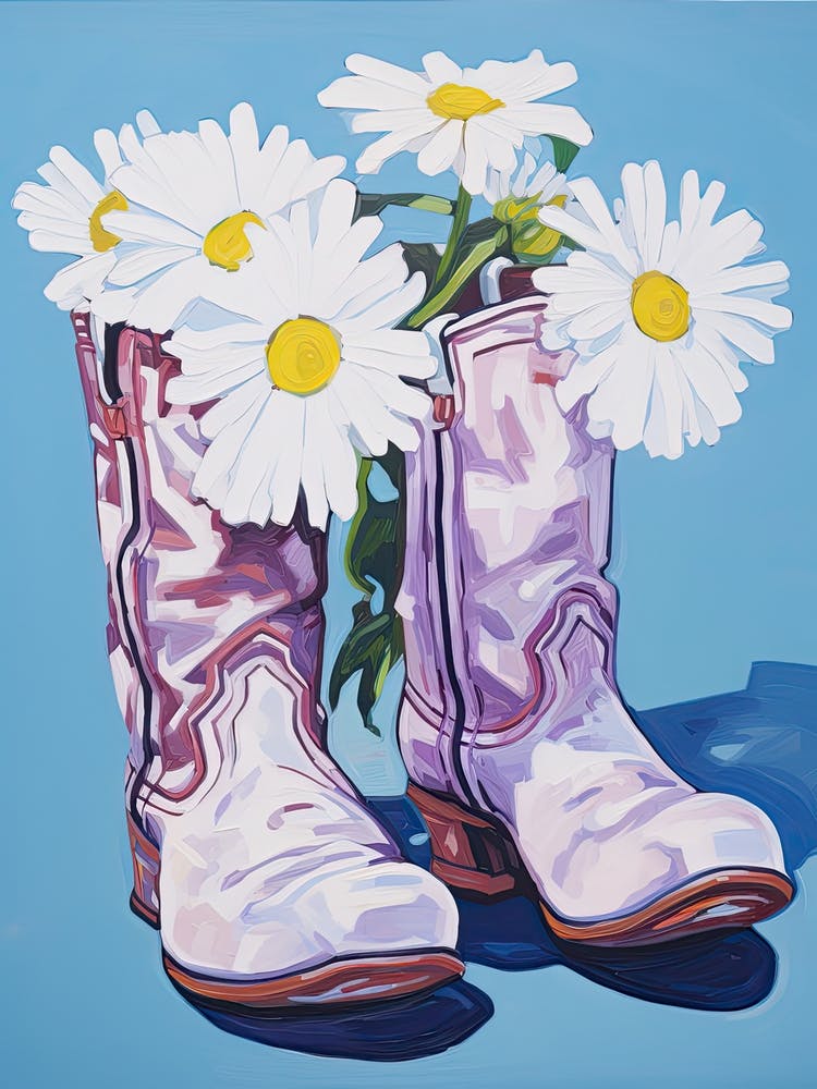 A Painting Of Cowboy Boots With Daisies Flowers, Fauvist Style, Still Life 1