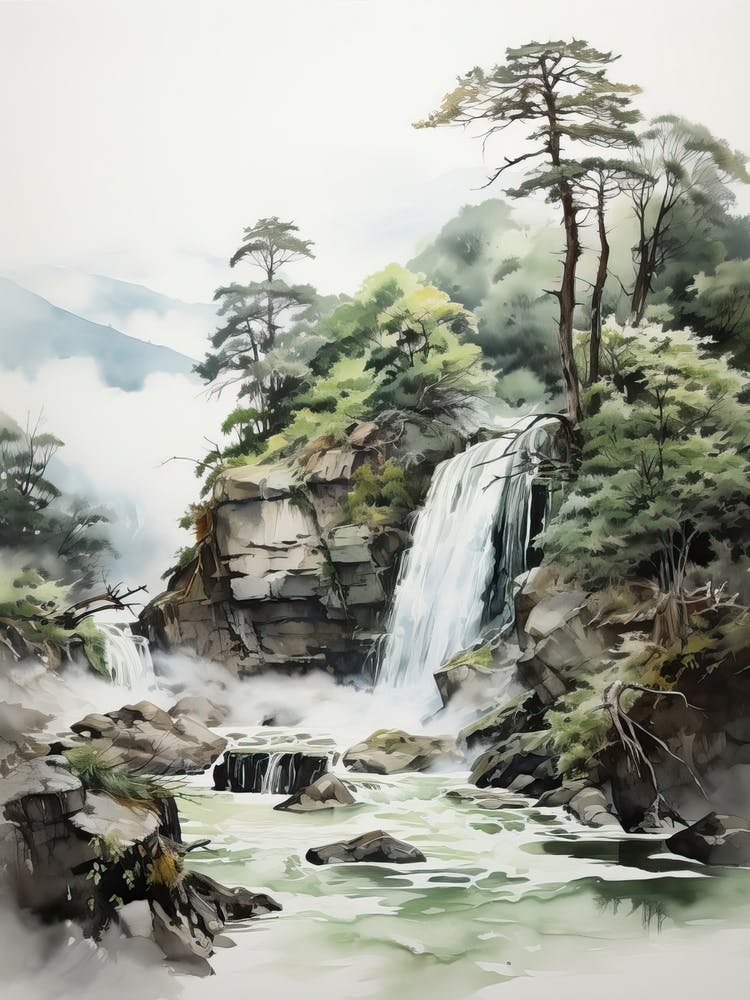 Nachi Falls In Wakayama Nikko In Tochigi, Japanese Brush Painting, Ukiyo E, Minimal 3