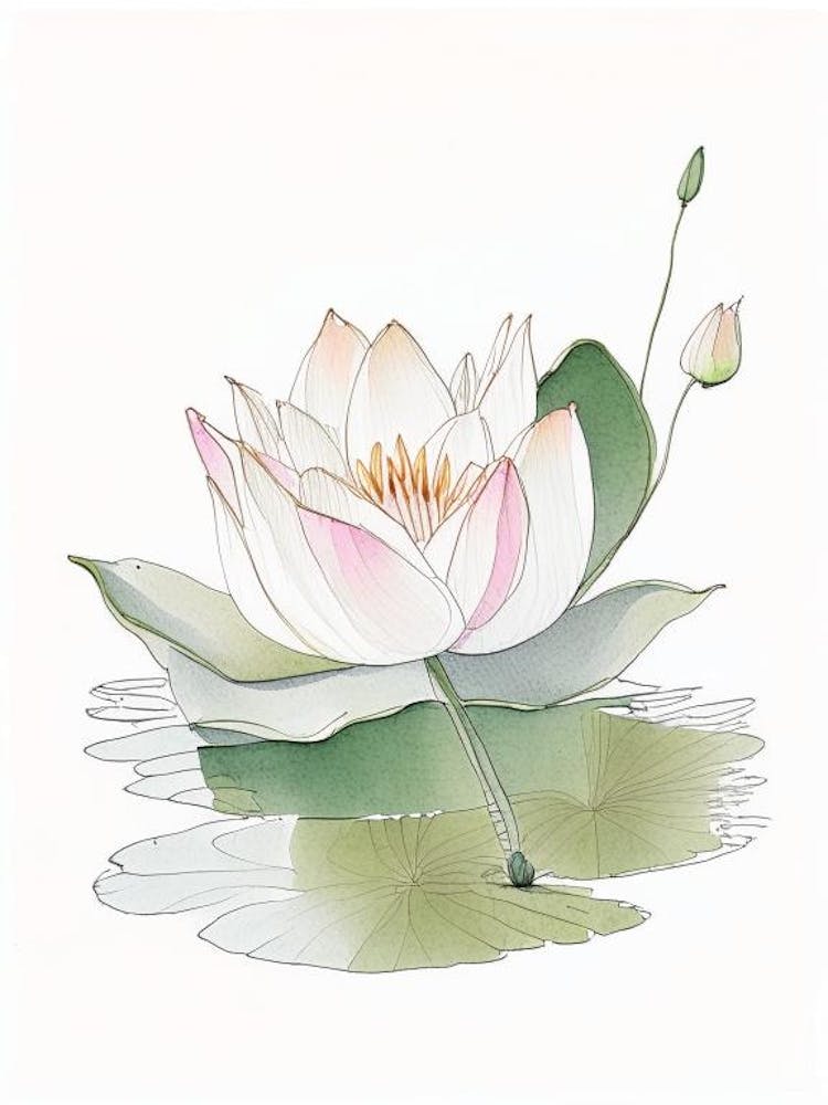 Blooming Lotus Flower In Pond Pencil Illustration 1