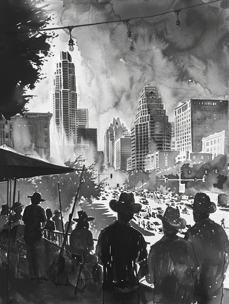 Live Music Scene Austin Texas Black And White Watercolour 2