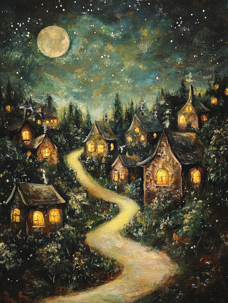 Village At Night With Stars and Moon In The Sky 3