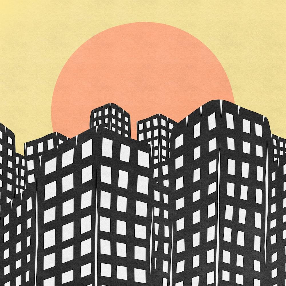 Cityscape, buildings, sunset, illustration, wall art 