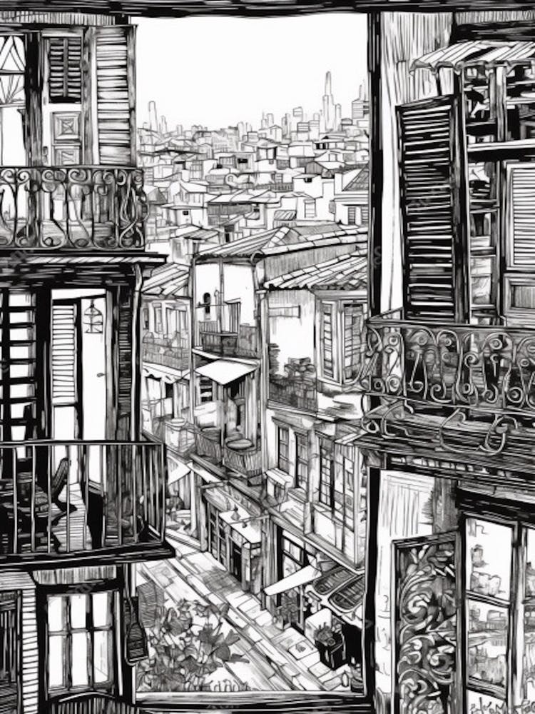 A Window View Of Buenos Aires In The Style Of Black And White  Line Art 1