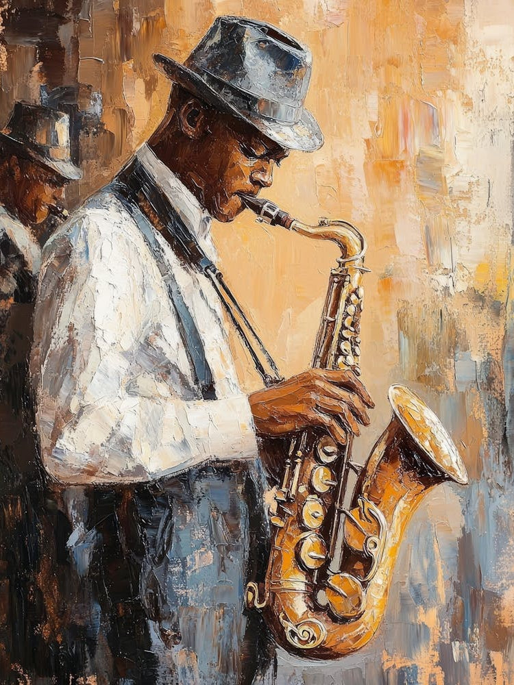 Stylish Jazz Band Playing Music On The Scene, Background Is Brown. Saxophone Player