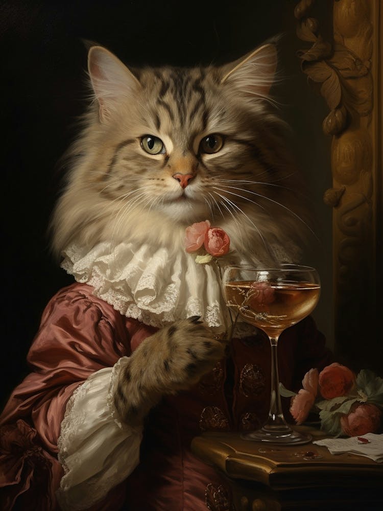 Cat Drinking Wine Rococo Style 4
