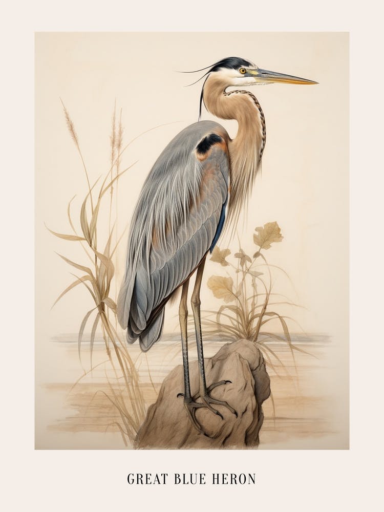 Vintage Bird Drawing Great Blue Heron 1 Poster