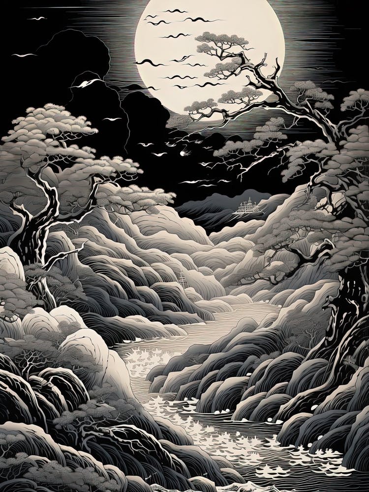 Aso Kuju National Park In Kumamoto, Ukiyo E Black And White Line Art Drawing 2