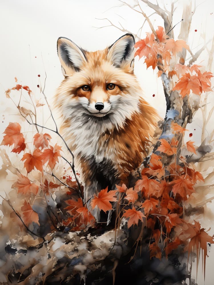 Fox, Japanese Brush Painting, Ukiyo E, Minimal 3