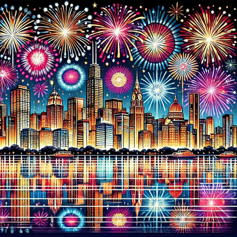 New Year’S Fireworks Skyline Printed Art A Stunning Illustration Of A City Skyline Lit Up By New Year’S Fireworks, Perfect For Bringing Excitement And Celebration To Any Space Printed Art