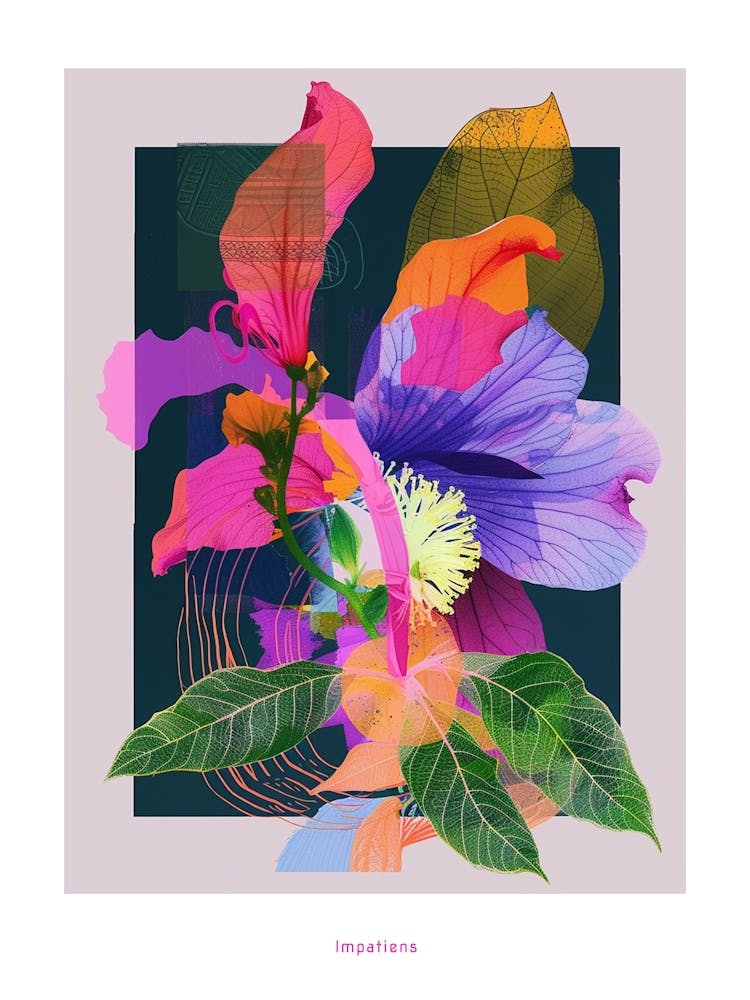 Impatiens 4 Neon Blumen-Collage Poster