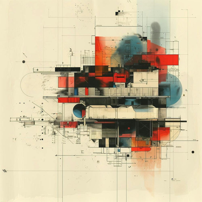 Create A Slightly Abstract Illustration With Technical Architectural Drawings Mixed With Technical Text, Primarily In Black, Raw Collage Artwork, Offwhite Background Color, Red And Blue Color Shades