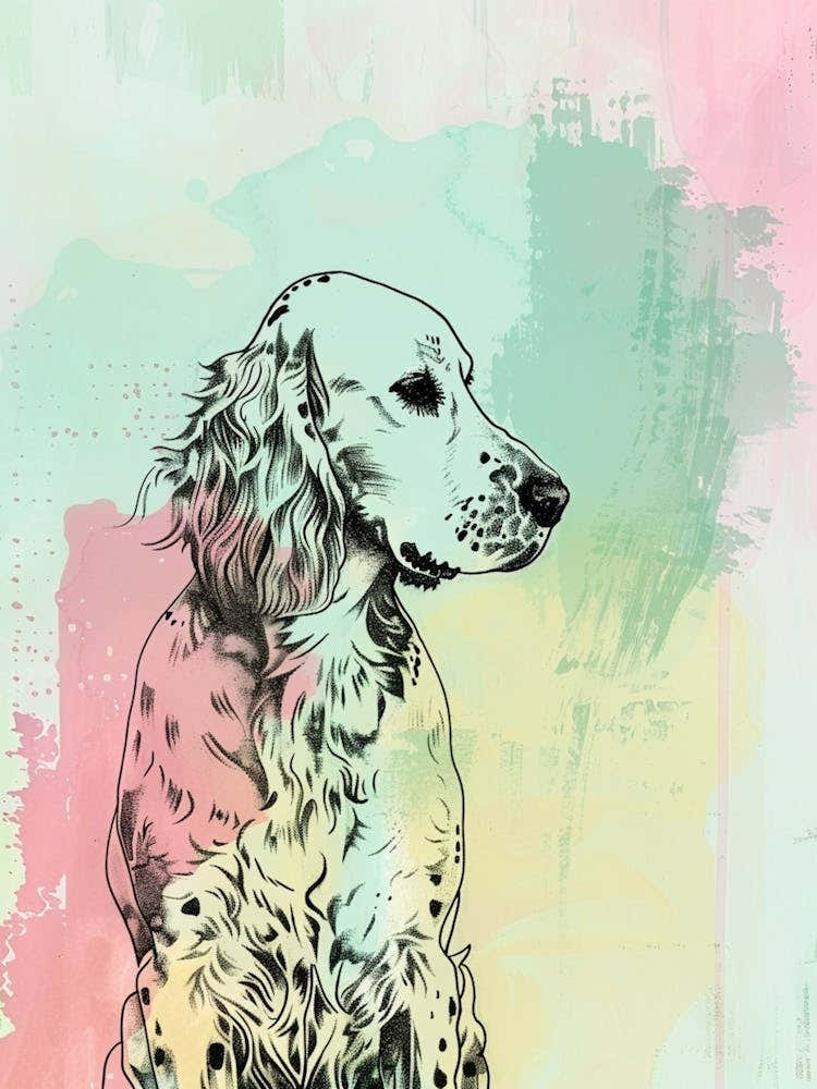 English Setter Dog Pastel Line Watercolour Illustration  2