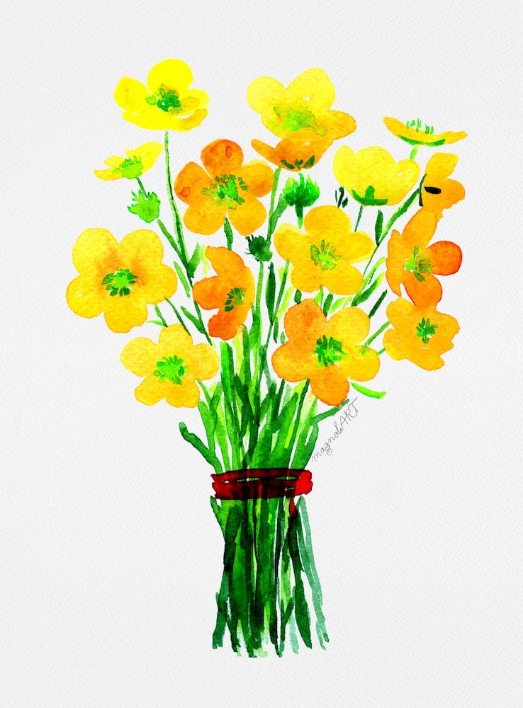Fleurs Jaunes Dans Un Vase Oeuvre Aquarelle 1