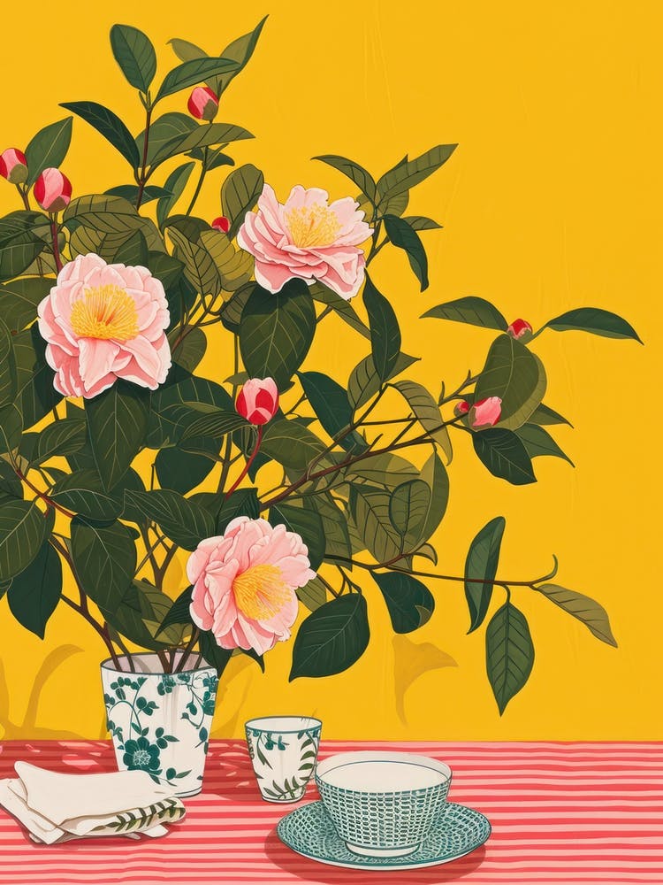 Camelia Flowers On A Table   Contemporary Illustration 2