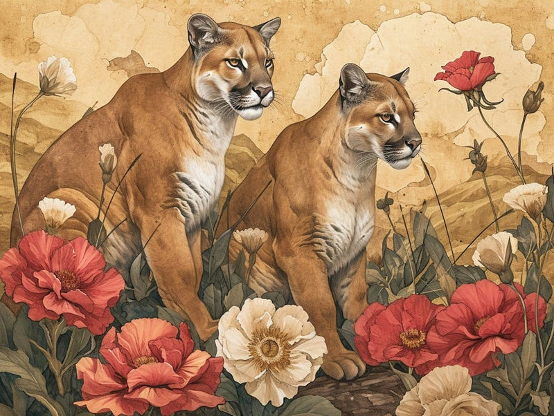 Floral Animal Illustration Mountain Lion 2