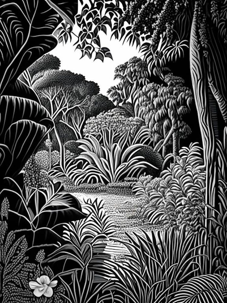 Jardín Botánico Nacional, 1, Dominican Republic Linocut Black And White Vintage