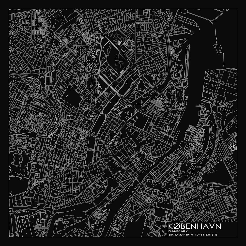 København Danmark city map white on black blueprint design